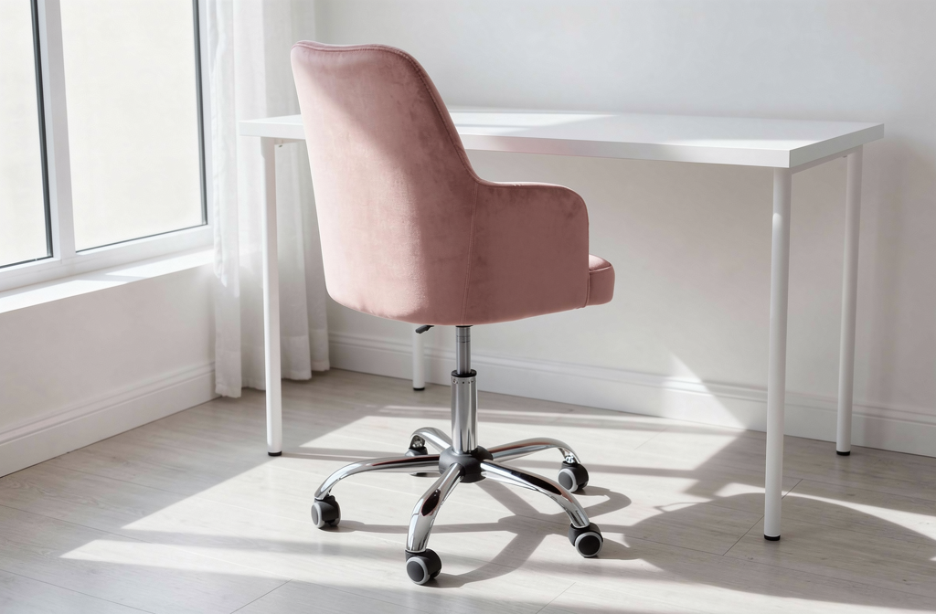 Różowy welurowy fotel biurowy przy białym biurku w jasnym domowym gabinecie.