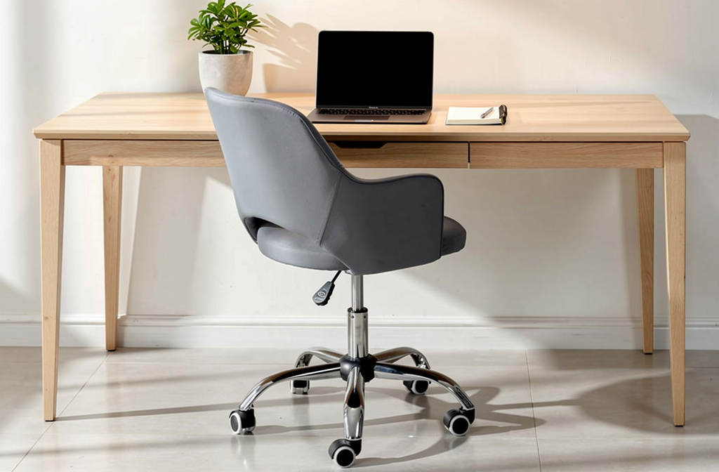 Szare ergonomiczne krzesło biurowe na kółkach przy nowoczesnym biurku z laptopem.