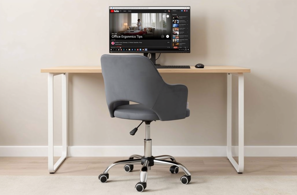 Szare ergonomiczne krzesło biurowe przed biurkiem z monitorem w nowoczesnym biurze domowym.