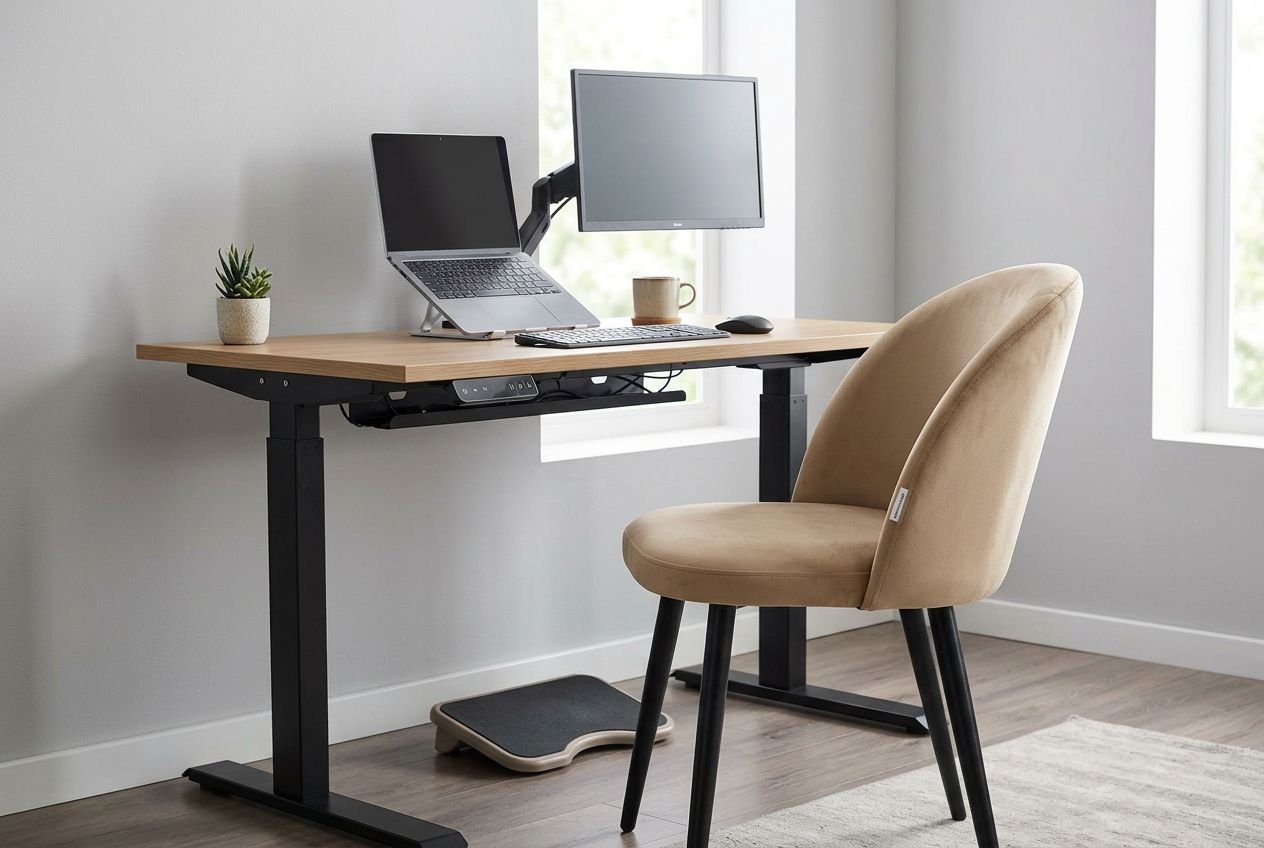 Beżowe tapicerowane krzesło przy elektrycznym biurku w domowym biurze.