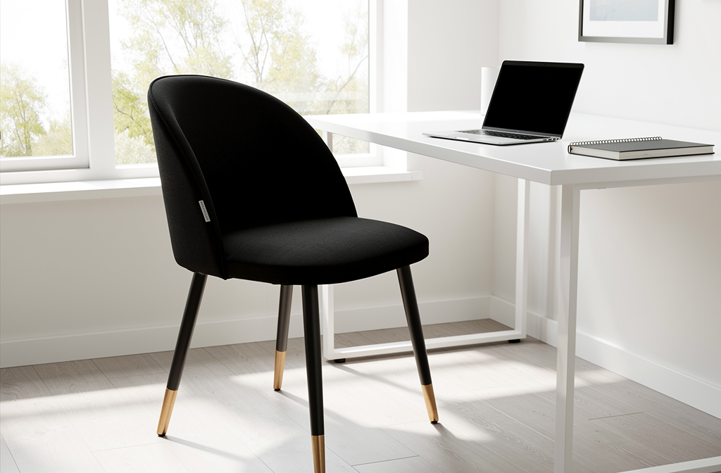 Czarne ergonomiczne krzesło biurowe przy białym biurku z laptopem w jasnym domowym biurze