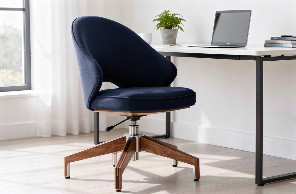 Granatowy fotel biurowy obrotowy przy nowoczesnym biurku w jasnym domowym biurze