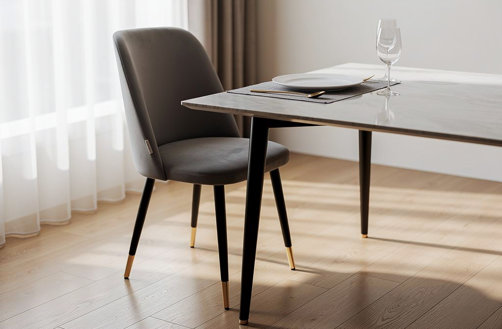 Szare tapicerowane krzesło do jadalni z czarnymi nogami przy elegancko nakrytym stole