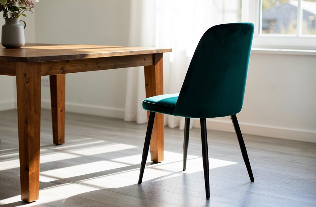 Tapicerowane krzesło jadalniane z czarnymi metalowymi nogami przy stole w nowoczesnej jadalni