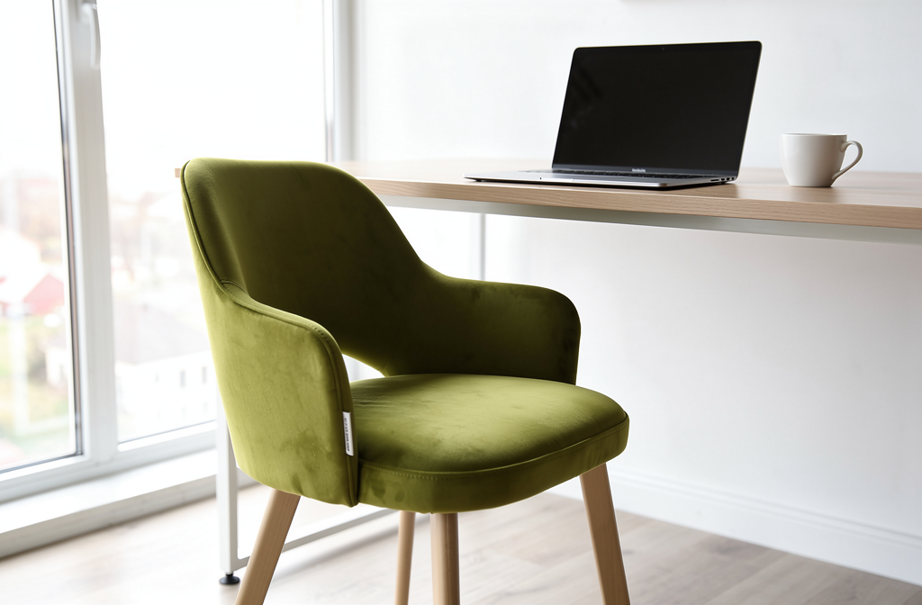 Oliwkowy fotel biurowy przy biurku domowego gabinetu z laptopem i widokiem przez okno