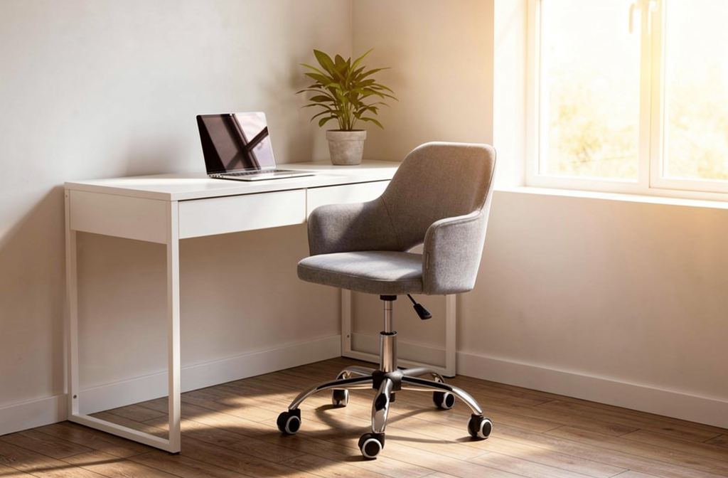 Szary fotel biurowy przy białym biurku w jasnym domowym biurze z naturalnym światłem