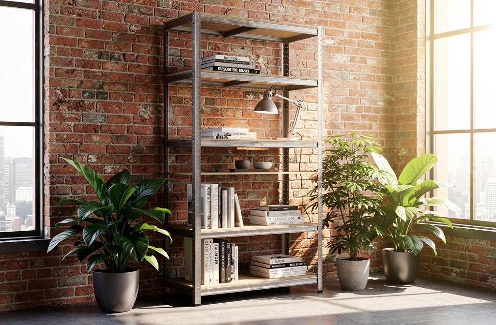 Metalowy regał industrialny z drewnianymi półkami w biurze w stylu loft