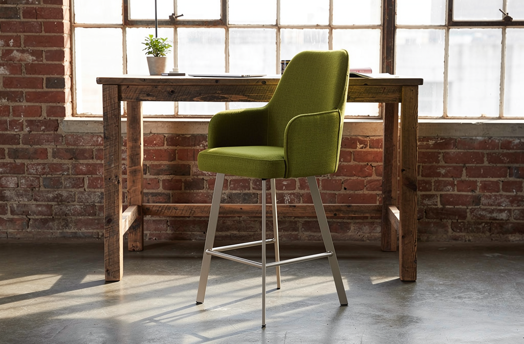 Oliwkowy hoker barowy przy wysokim biurku w industrialnym domowym biurze w stylu loft