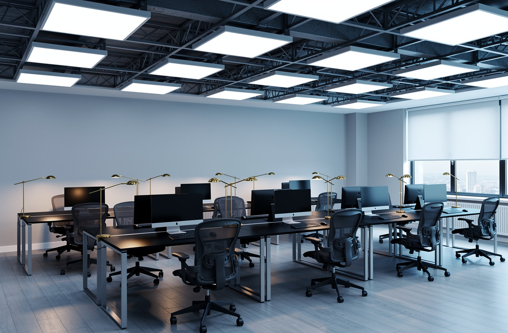 Biuro z oświetleniem LED i lampami biurkowymi