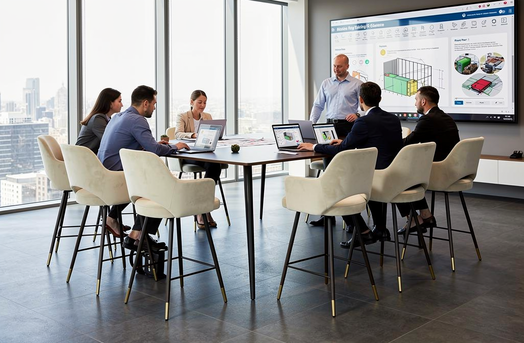 Nowoczesny hoker barowy w jasnym kolorze przy stole konferencyjnym w biurze projektowym