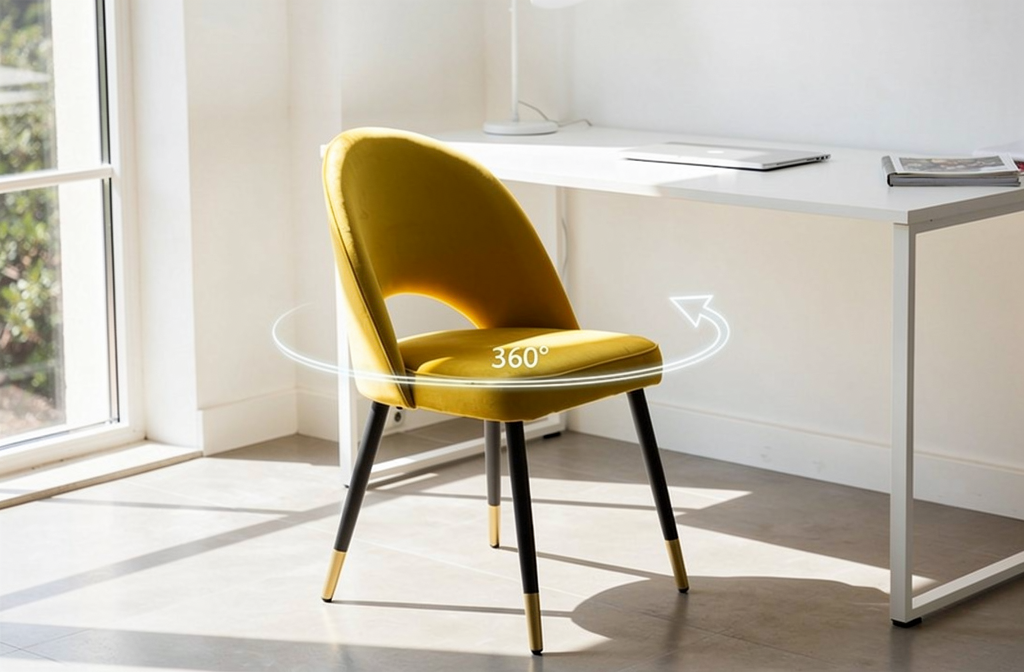 Żółty obrotowy fotel biurowy przy białym biurku w jasnym domowym biurze