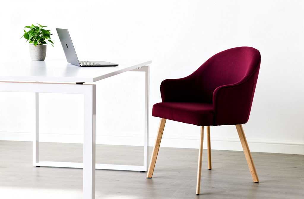 Burgundowe krzesło obrotowe przy biurku w zorganizowanym domowym biurze