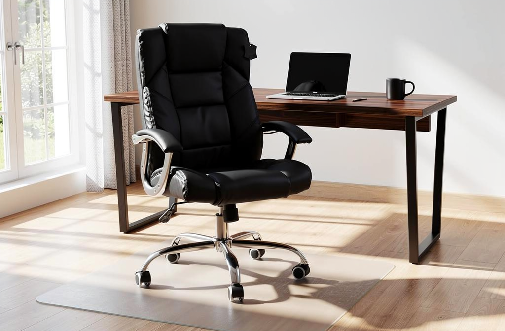 Ergonomiczne czarne krzesło biurowe przy biurku w jasnym domowym biurze