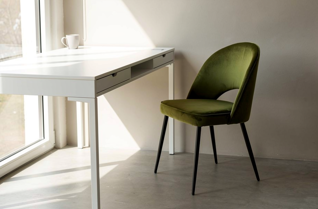 Nowoczesne oliwkowe krzesło welurowe przy białym biurku w minimalistycznym gabinecie domowym