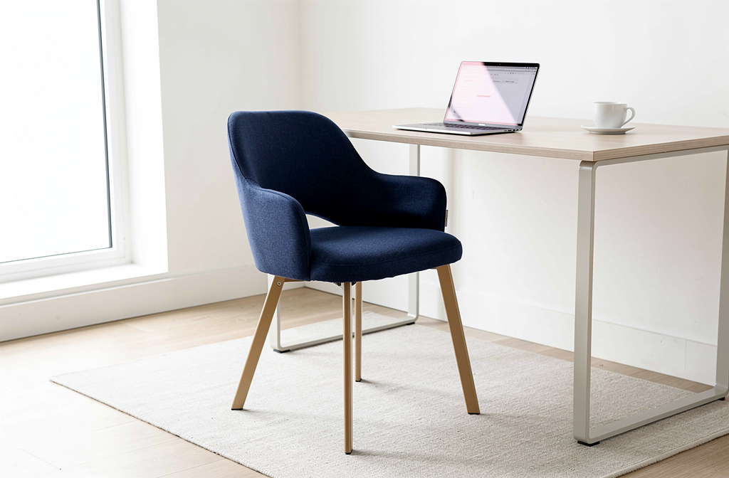 Granatowe krzesło biurowe przy biurku domowym z laptopem i oknem w tle.
