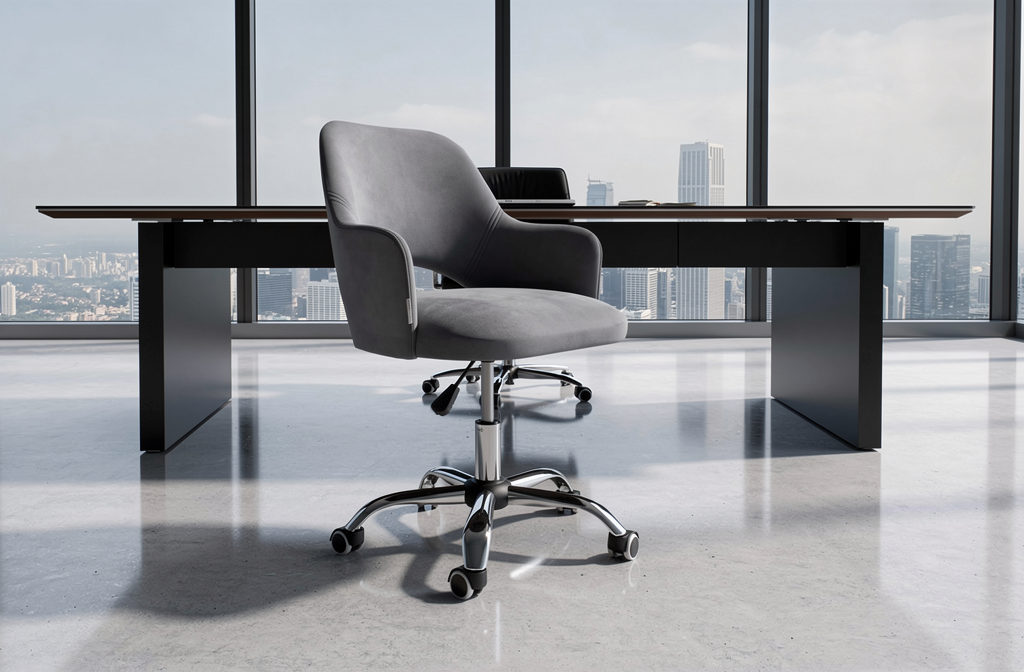 Szary fotel biurowy na kółkach przy nowoczesnym biurku prezesa z widokiem na miasto.