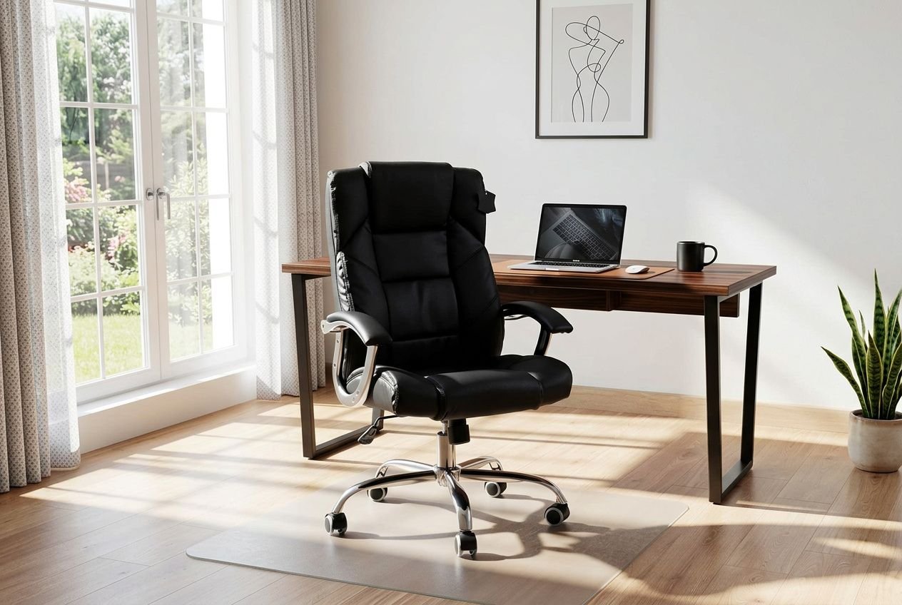 Czarny fotel biurowy przy nowoczesnym biurku w domowym biurze.