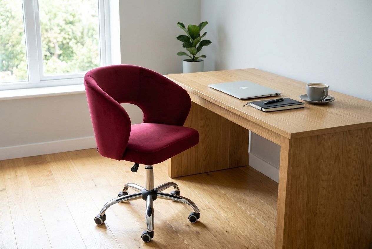 Czerwony fotel ergonomiczny przy biurku w nowoczesnym domowym biurze.