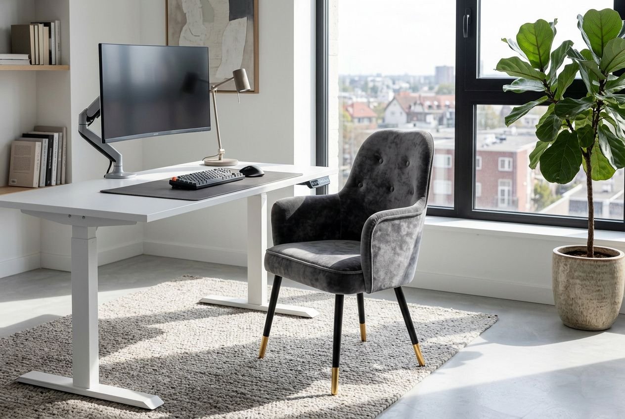 Elegancki szary fotel tapicerowany przy elektrycznym biurku w nowoczesnym, jasnym biurze domowym.
