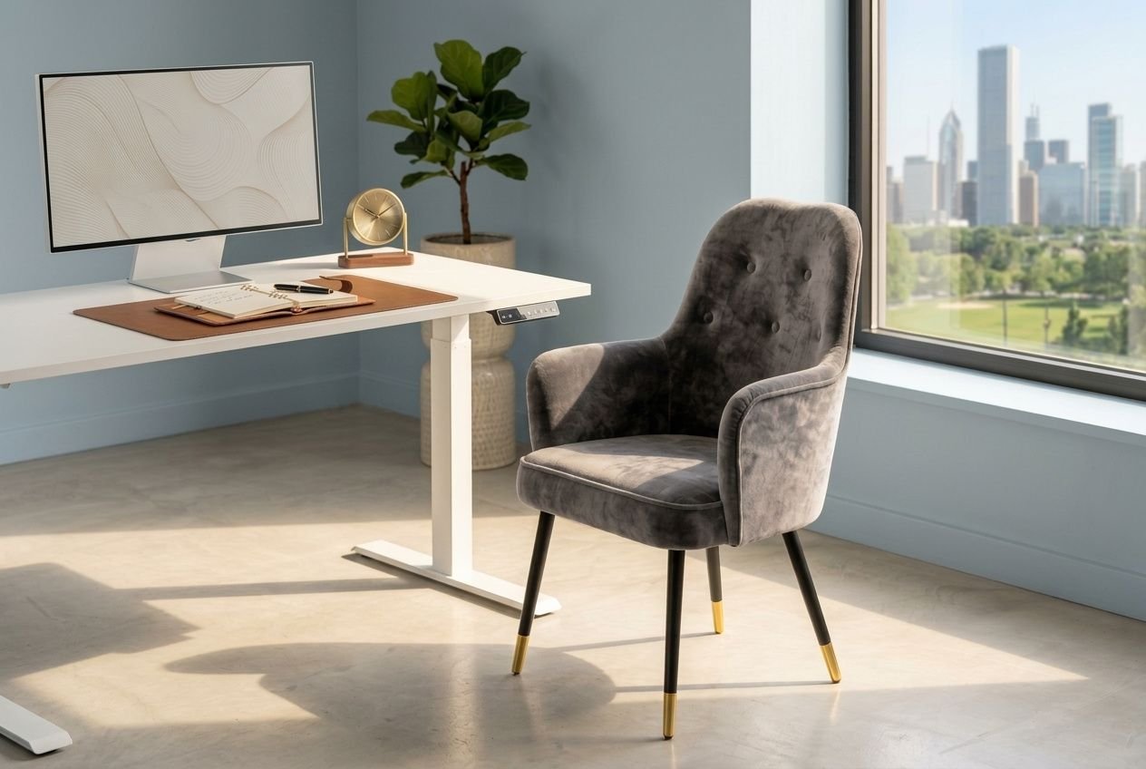 Elegancki szary fotel welurowy przy białym biurku elektrycznym w nowoczesnym domowym biurze.