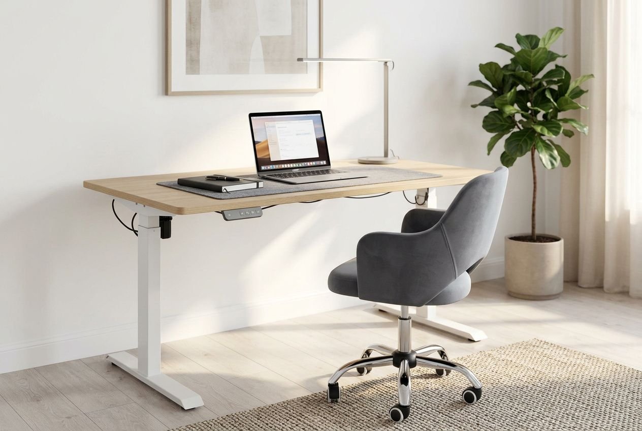 Elektryczne biurko z regulowaną wysokością z krzesłem biurowym i laptopem w jasnym domowym biurze.