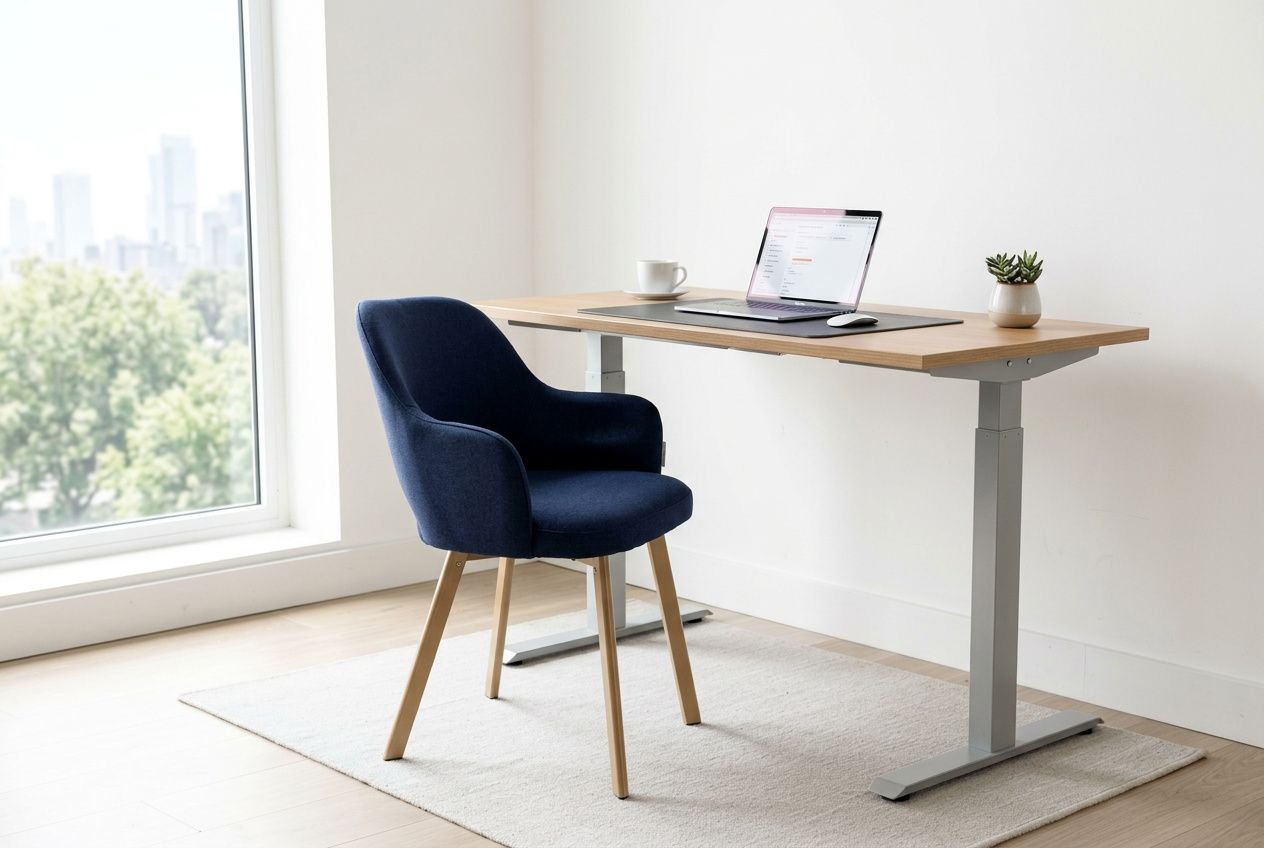 Ergonomiczne krzesło biurowe przy biurku z regulowaną wysokością w jasnym domowym biurze.