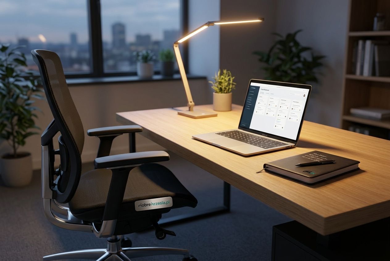 Ergonomiczne krzesło biurowe przy oświetlonym biurku z lampką LED.