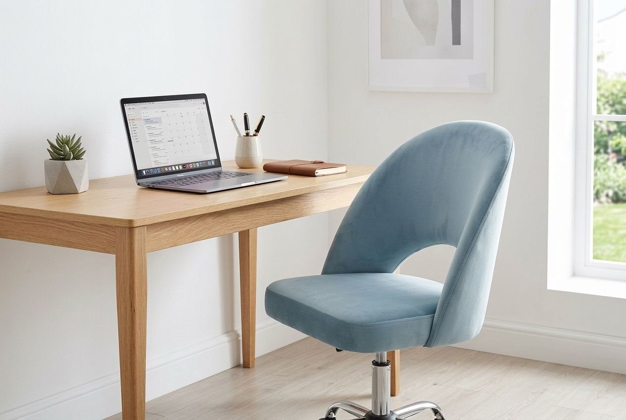 Ergonomiczny fotel biurowy obrotowy w kolorze błękitnym przy biurku w domowym biurze.