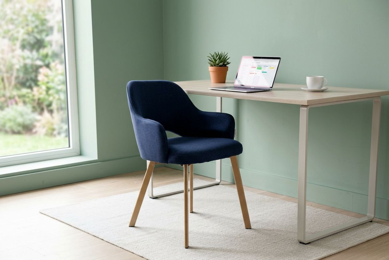 Granatowe krzesło biurowe przy biurku na tle zielonej ściany w domowym biurze.