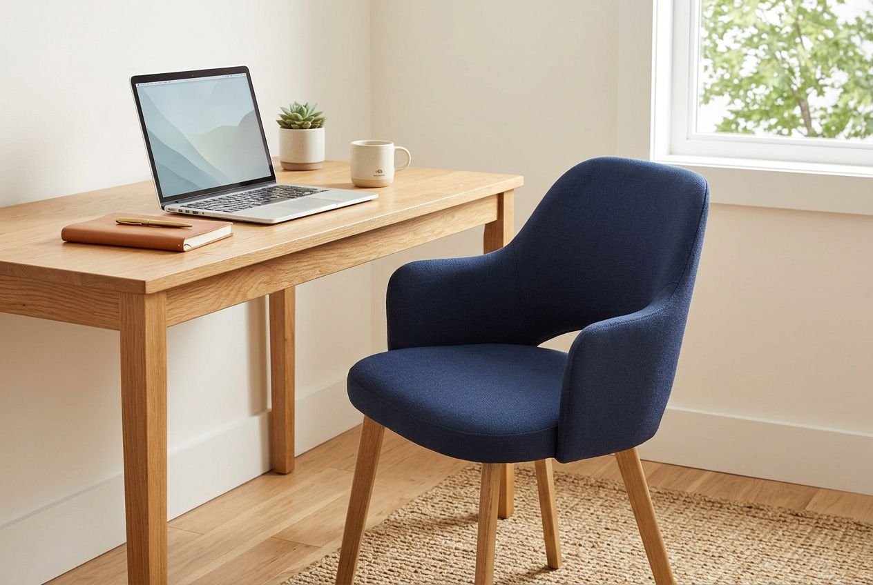 Granatowy fotel biurowy z drewnianymi nogami przy nowoczesnym biurku w domowym biurze.
