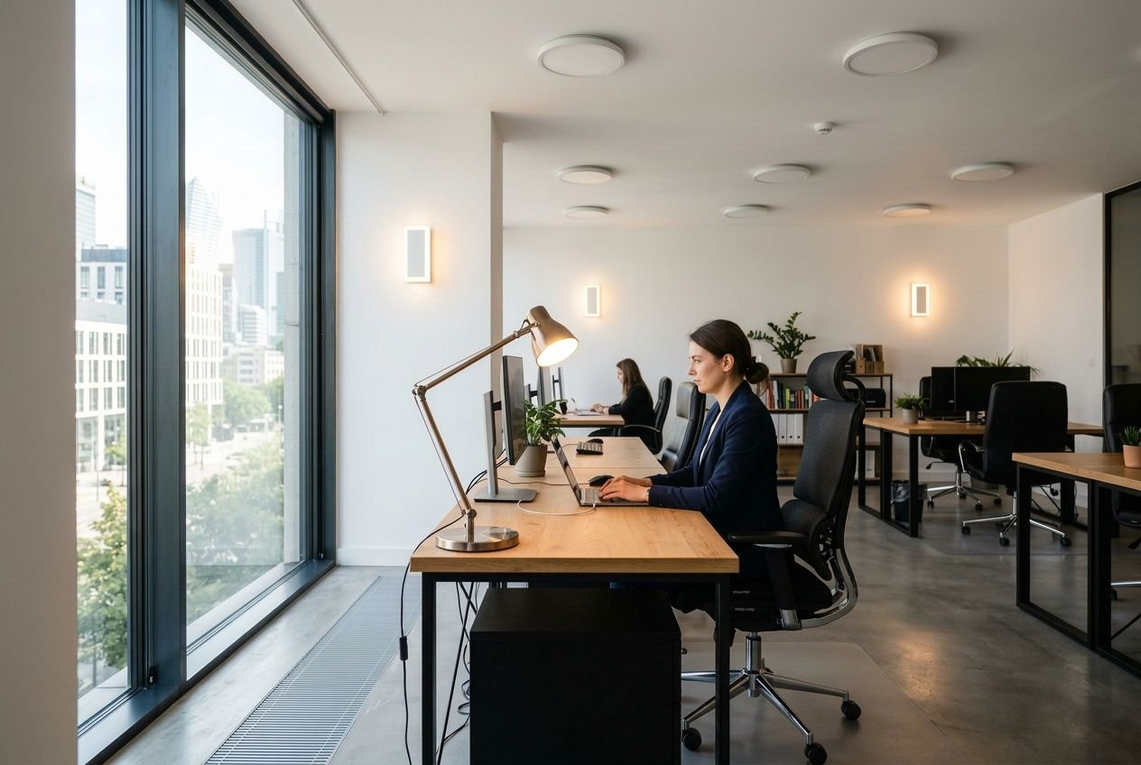 Kobieta siedząca na czarnym ergonomicznym fotelu biurowym ortopedycznym przy biurku w nowoczesnym biurze.