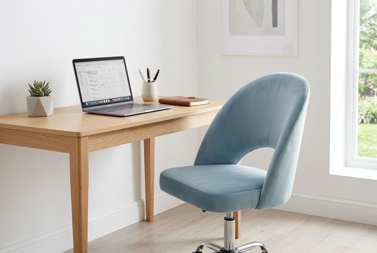 Niebieski ergonomiczny fotel biurowy przy drewnianym biurku w domowym biurze.