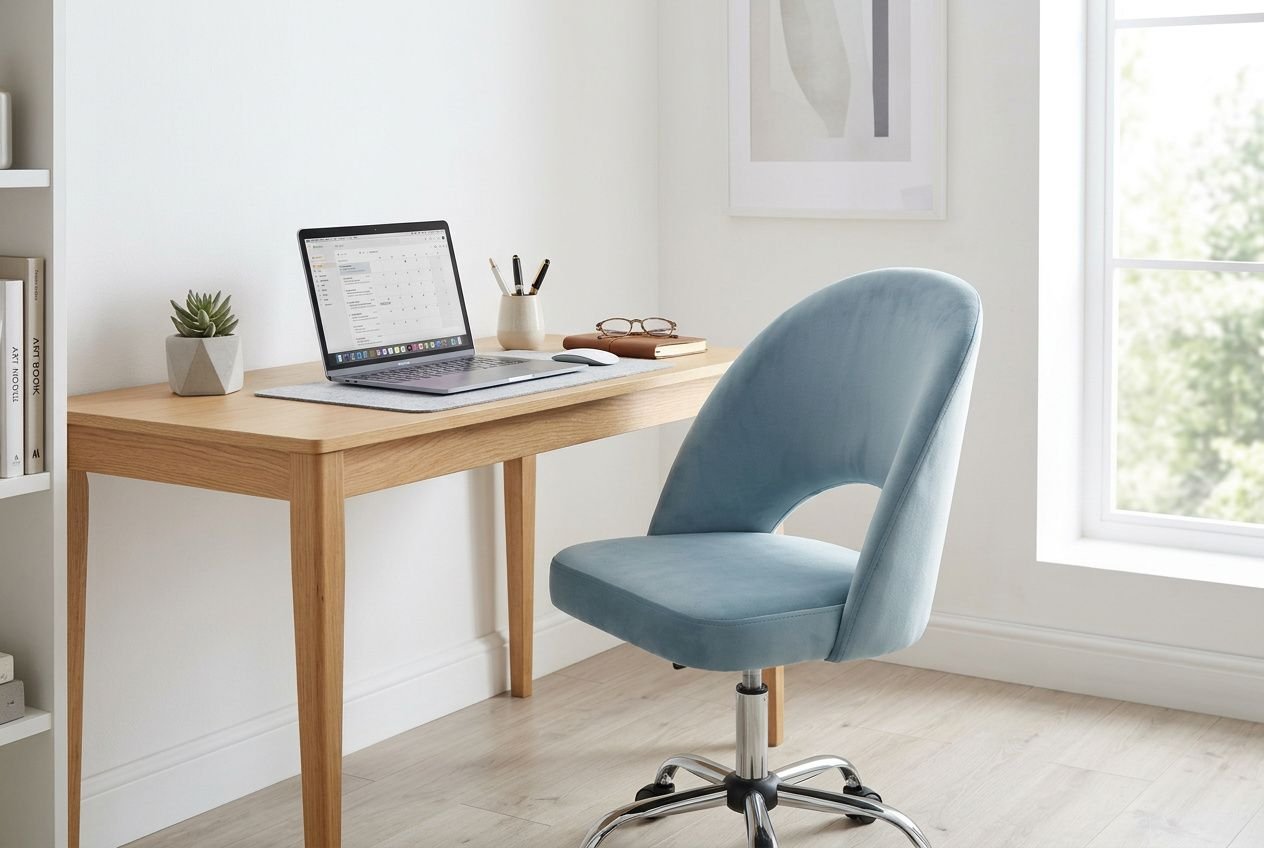 Niebieski fotel biurowy przy drewnianym biurku z laptopem w jasnym domowym gabinecie.