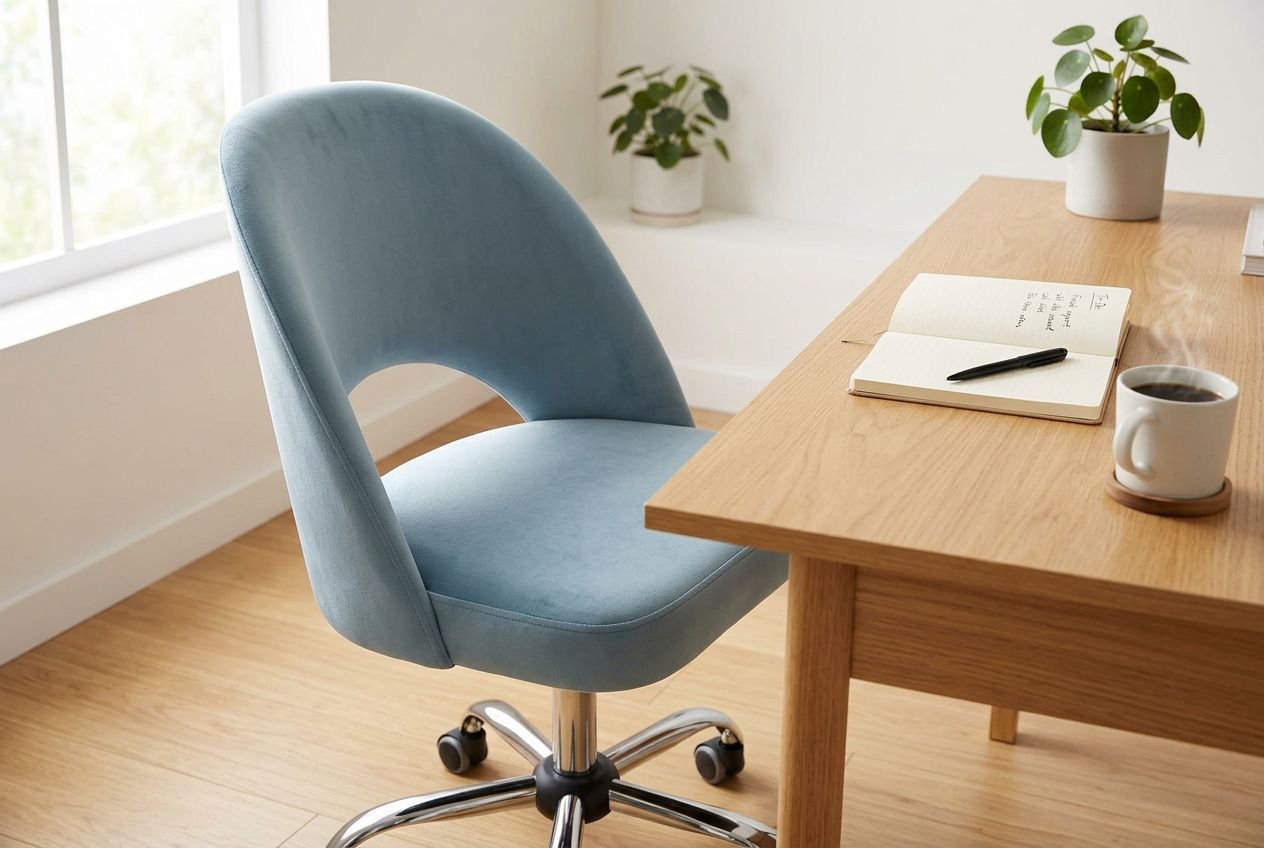 Niebieski welurowy fotel biurowy przy biurku w przytulnym domowym biurze.