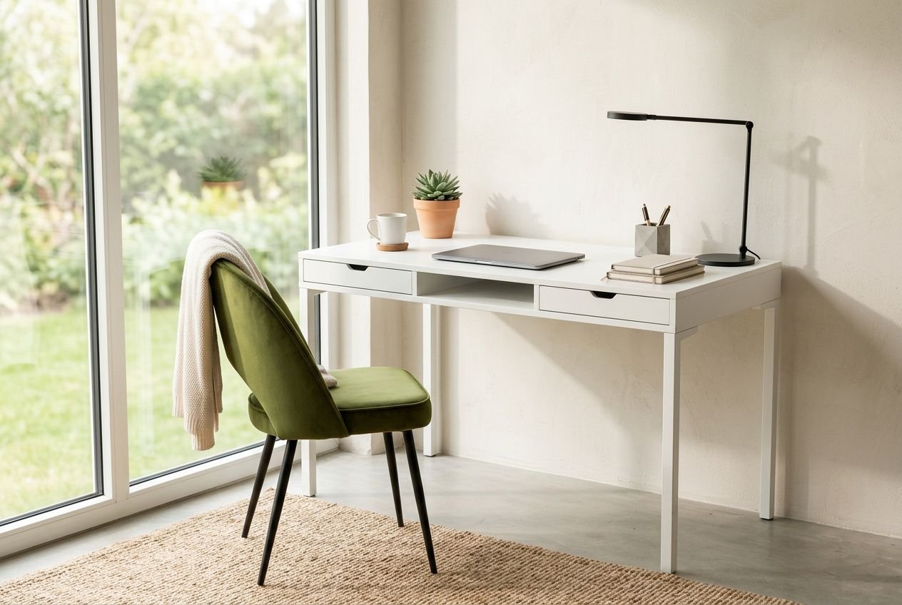 Nowoczesny zestaw biurowy przy oknie w domowym gabinecie.