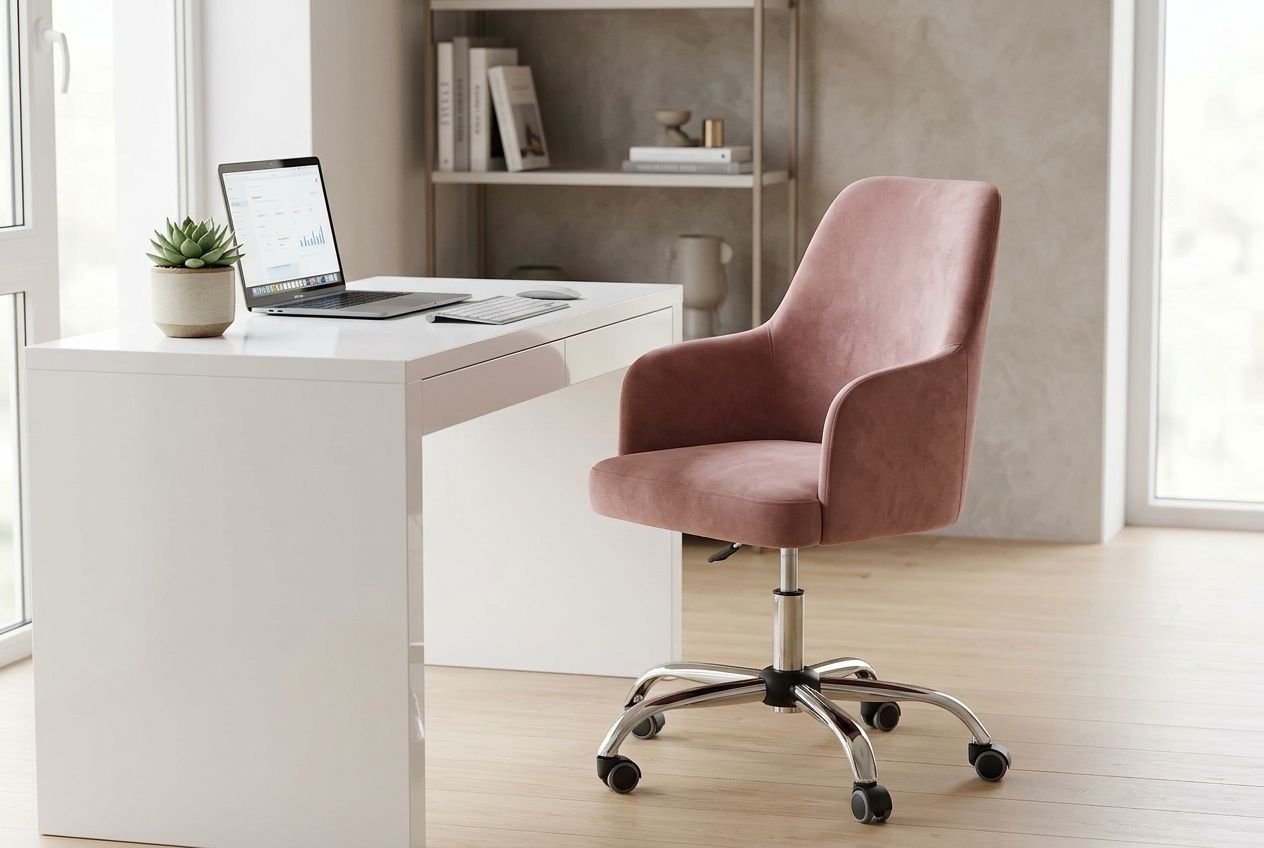Różowy fotel biurowy na kółkach przy białym biurku w nowoczesnym domowym biurze.