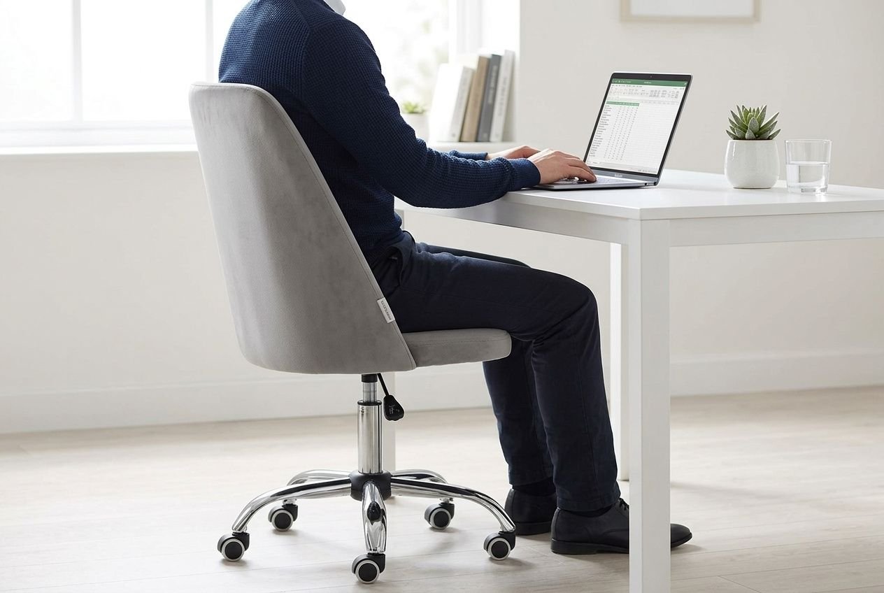 Szare ergonomiczne krzesło biurowe przy nowoczesnym biurku w jasnym domowym biurze.