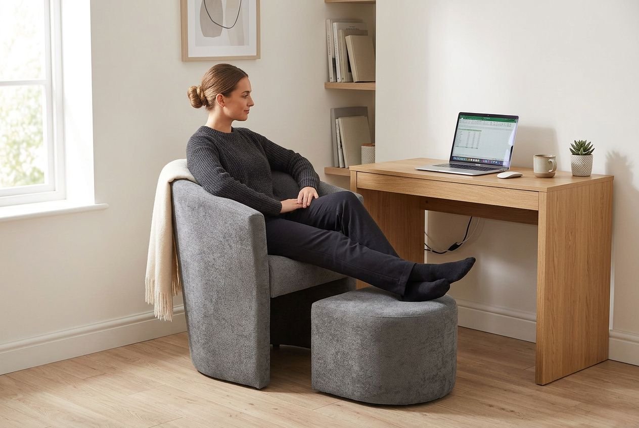Szary fotel beczkowy z podnóżkiem w nowoczesnym domowym biurze przy biurku z laptopem.