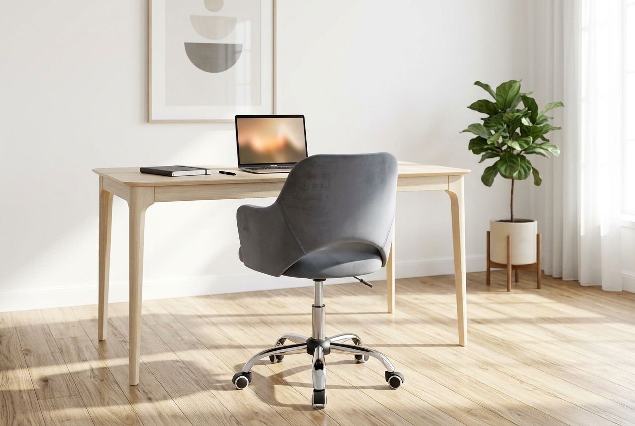 Szary fotel biurowy na kółkach przy jasnym drewnianym biurku z laptopem w minimalistycznym domowym biurze.