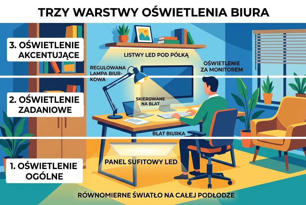 Trzy warstwy oświetlenia biura